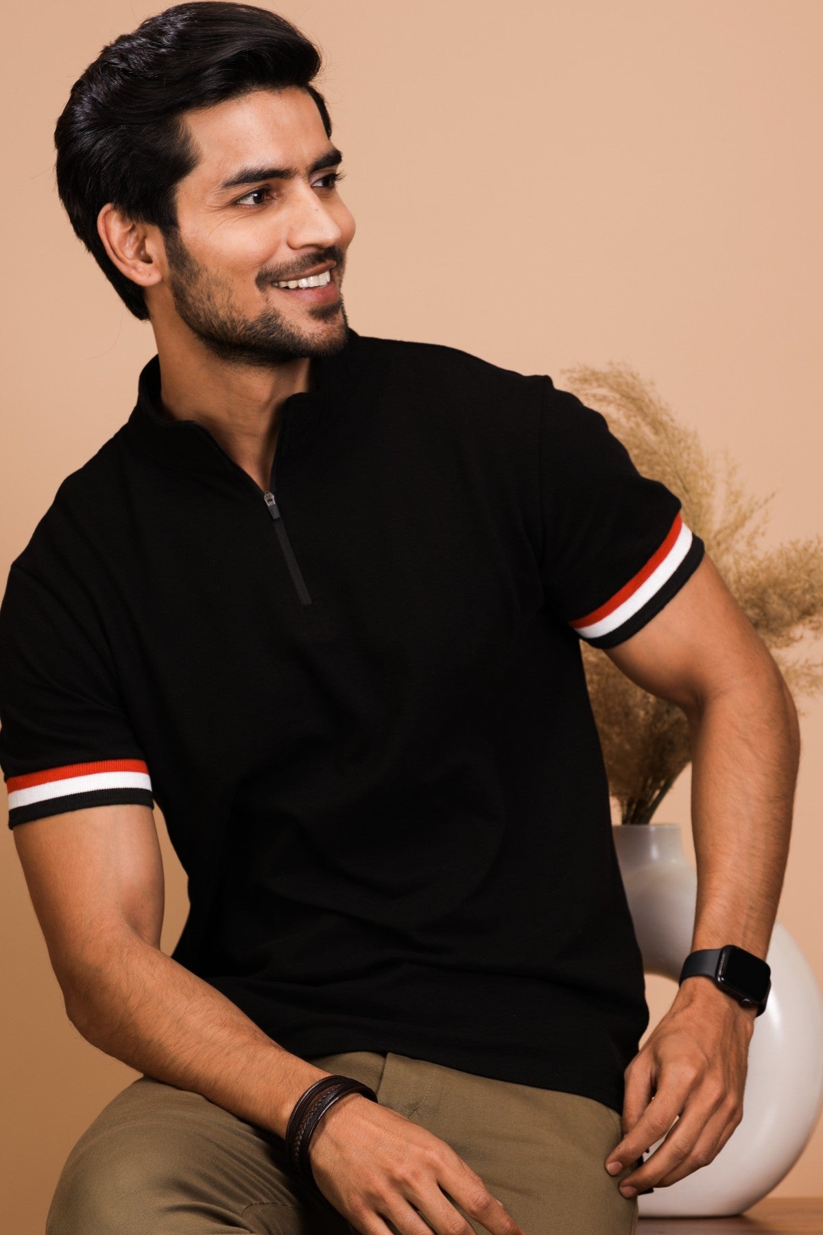 Black Stand Up Collar Cotton Polo Shirt