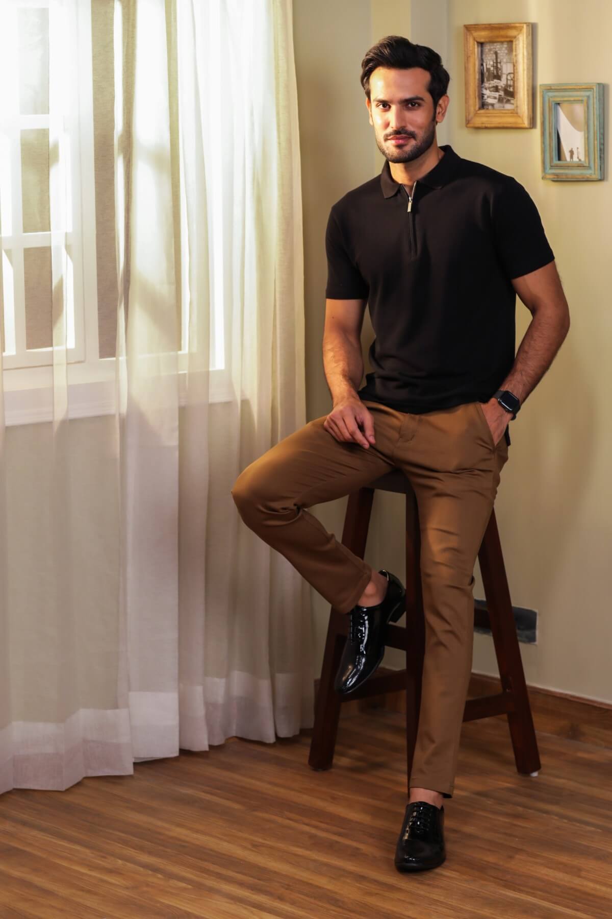 Luxury Black Cotton Zipper Polo Shirt