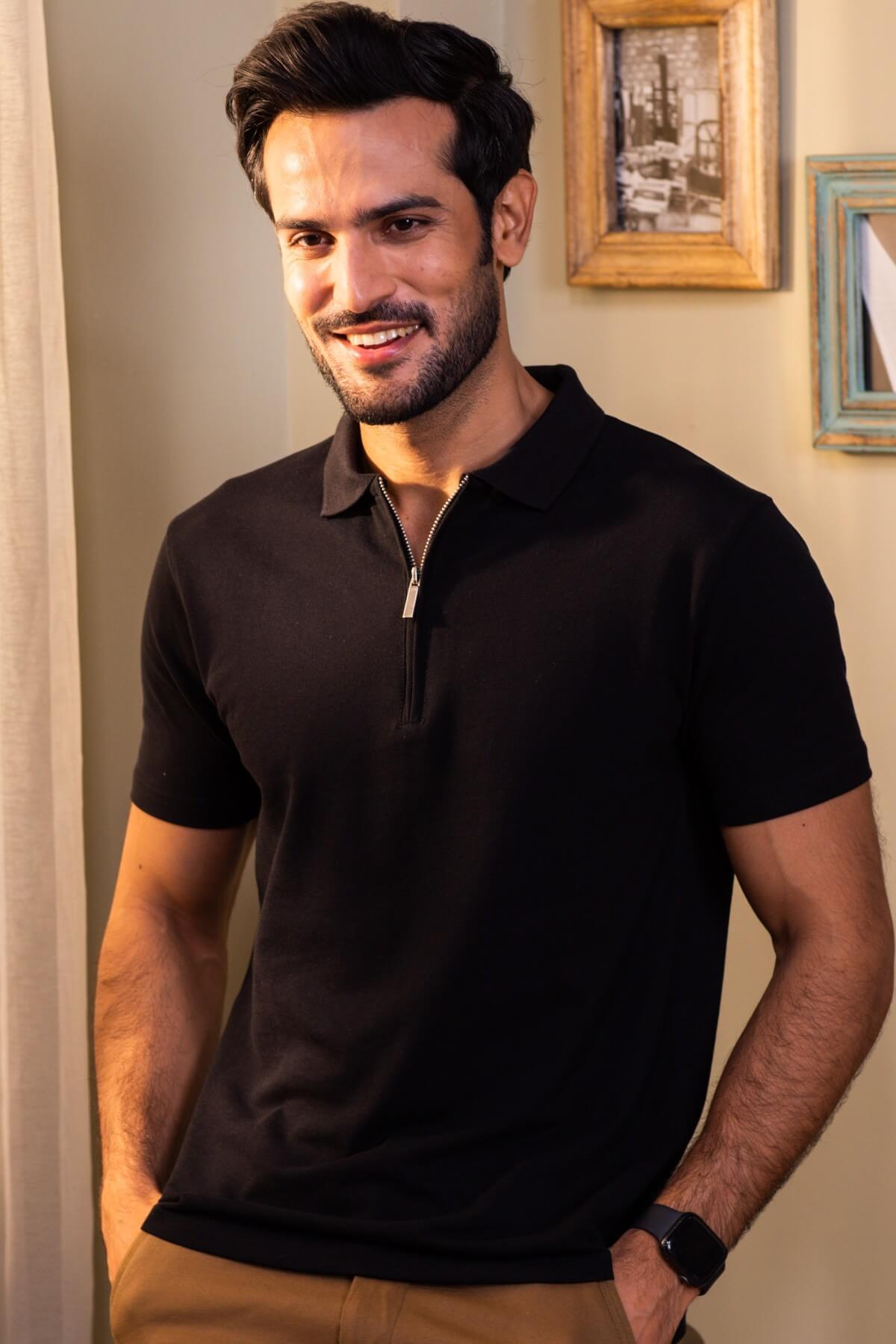Luxury Black Cotton Zipper Polo Shirt
