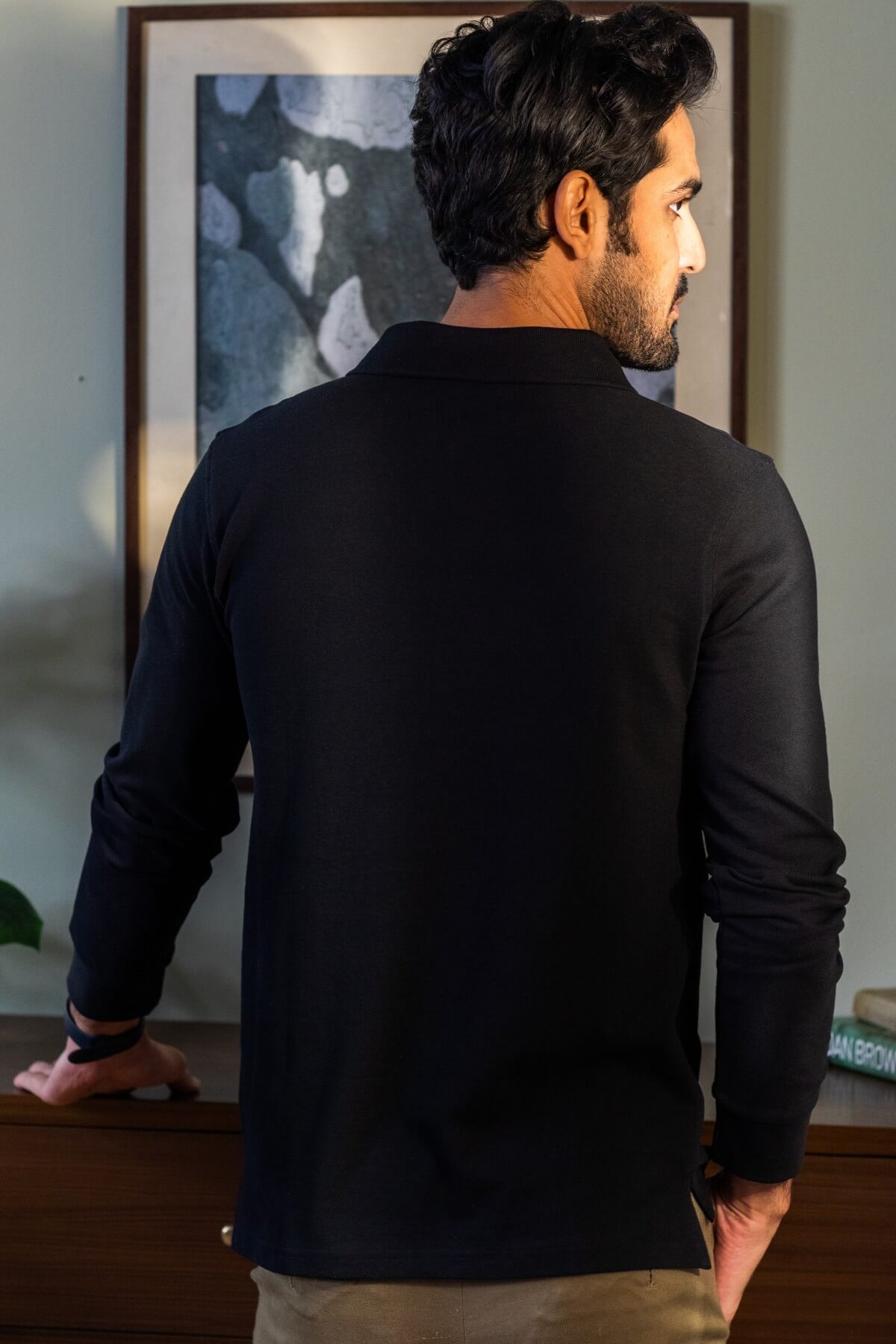 Luxury Black Cotton Zipper Polo Shirt Full Sleeves