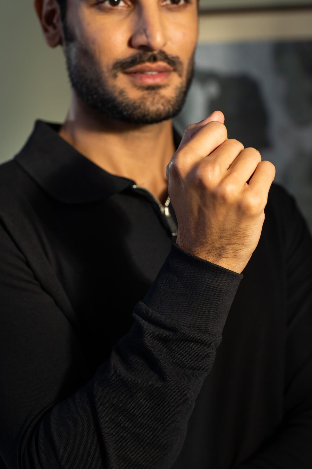 Luxury Black Cotton Zipper Polo Shirt Full Sleeves