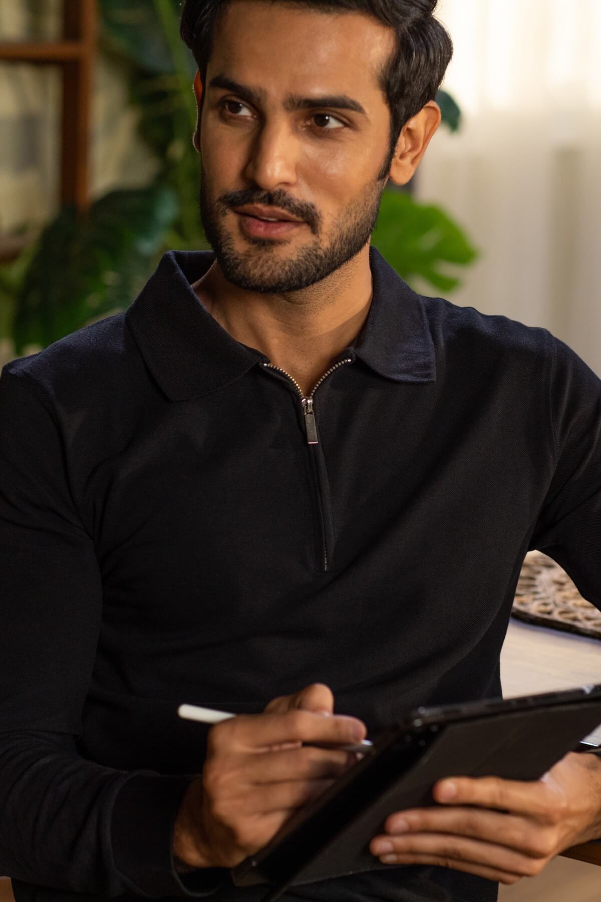 Luxury Black Cotton Zipper Polo Shirt Full Sleeves