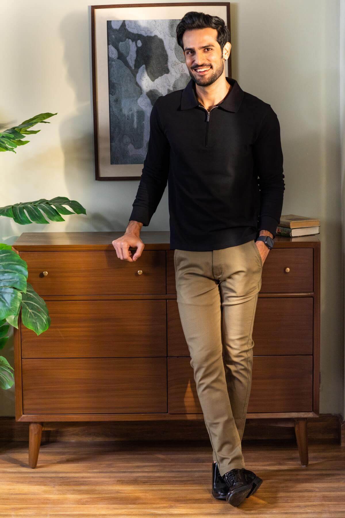 Luxury Black Cotton Zipper Polo Shirt Full Sleeves