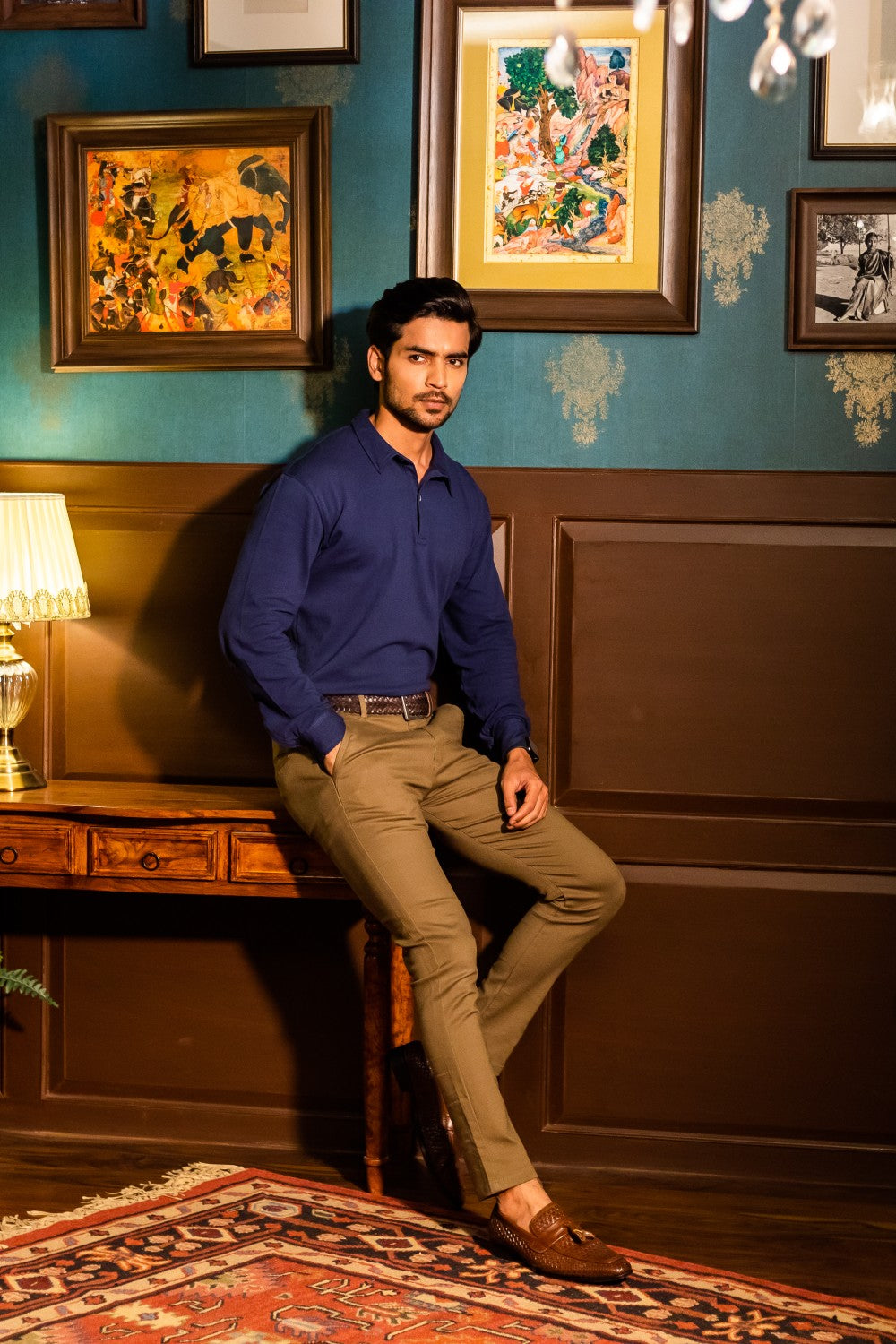 Cobalt Blue Cotton Polo Shirt Full Sleeve