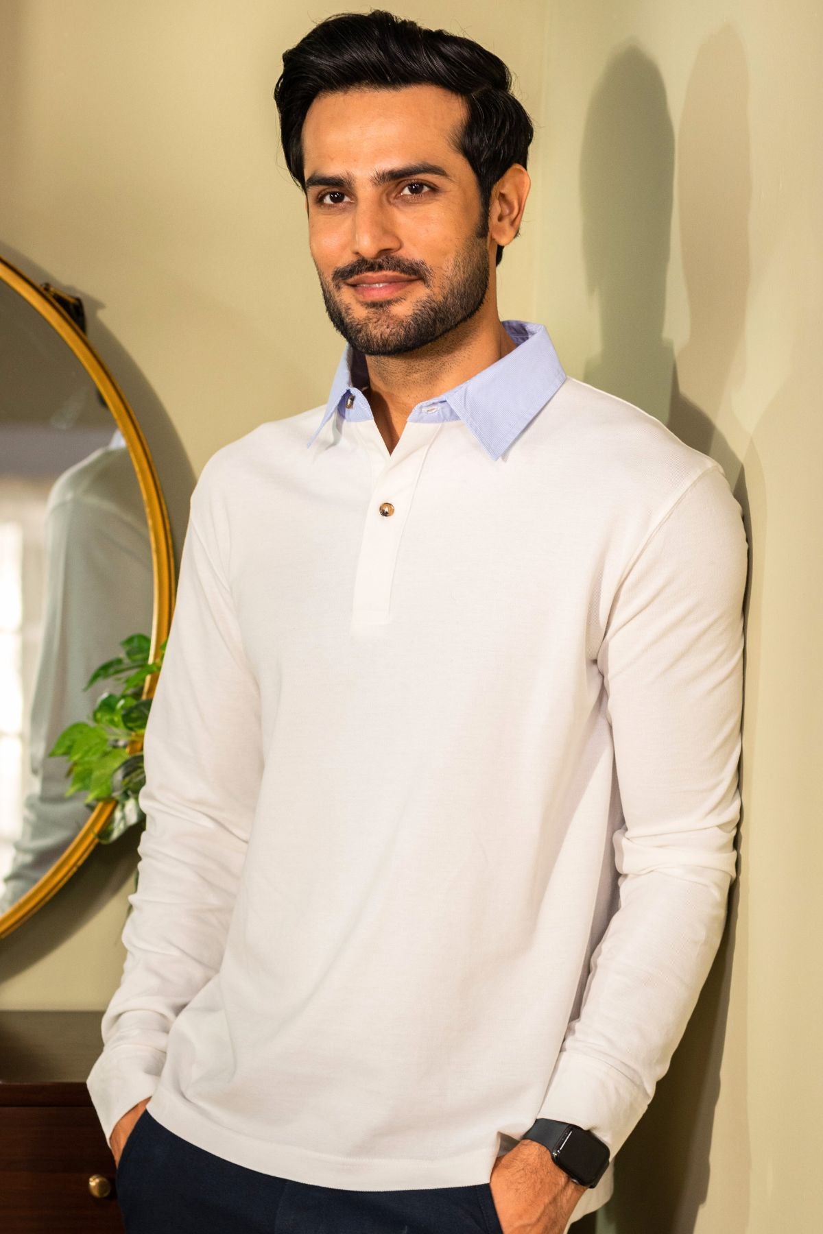 White Cotton Polo Shirt Collar Full Sleeve