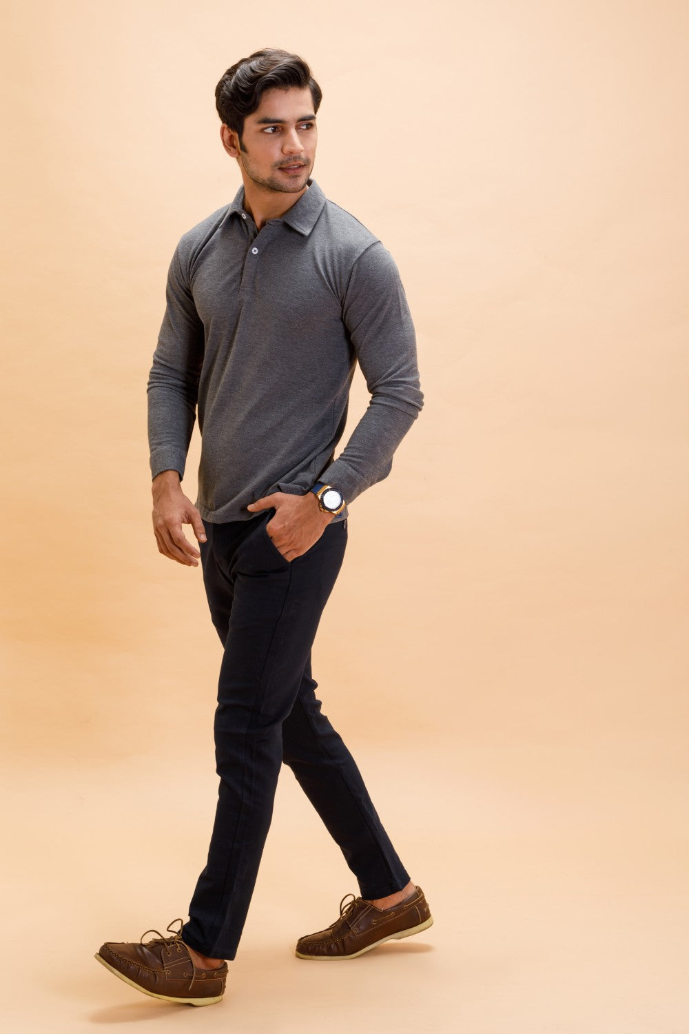 Grey Charcoal Cotton Polo Shirt Full Sleeve