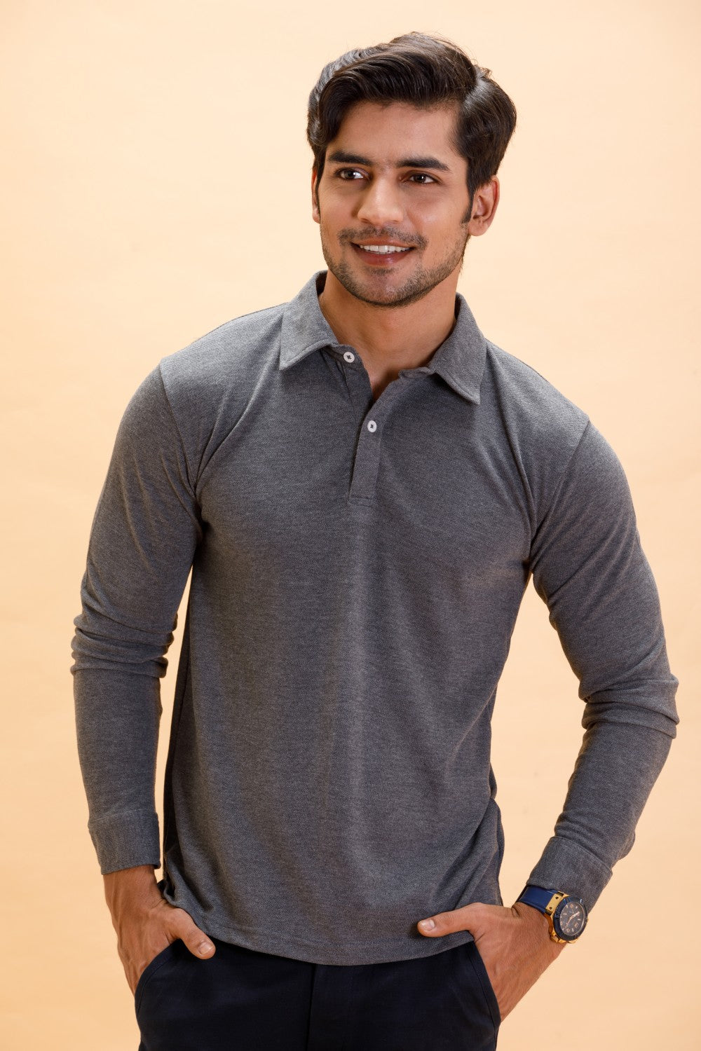 Grey Charcoal Cotton Polo Shirt Full Sleeve