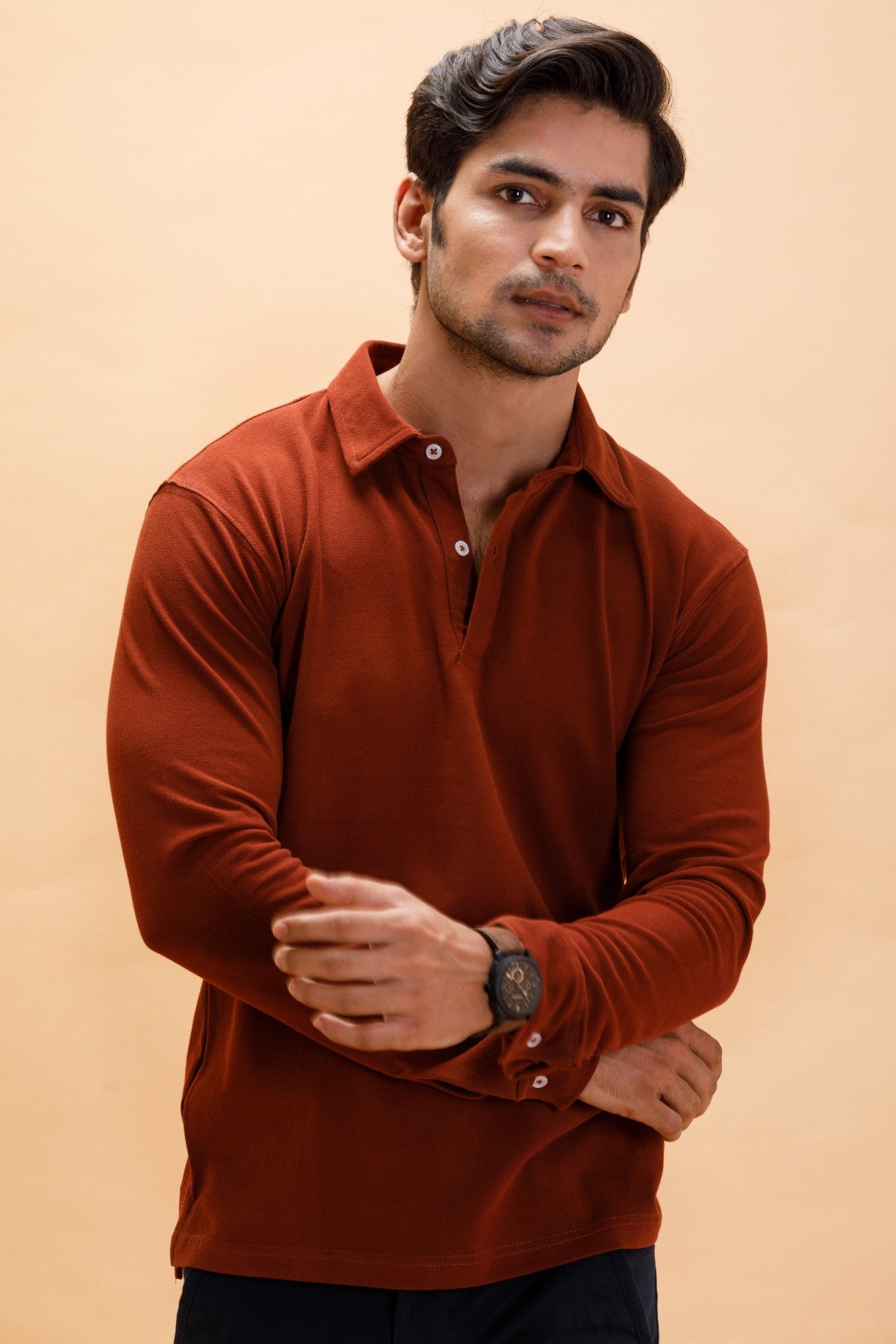 Rust Cotton Polo Shirt Full Sleeve