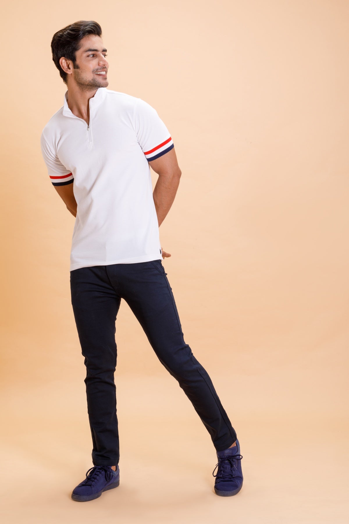 White Stand Up Collar Cotton Polo Shirt