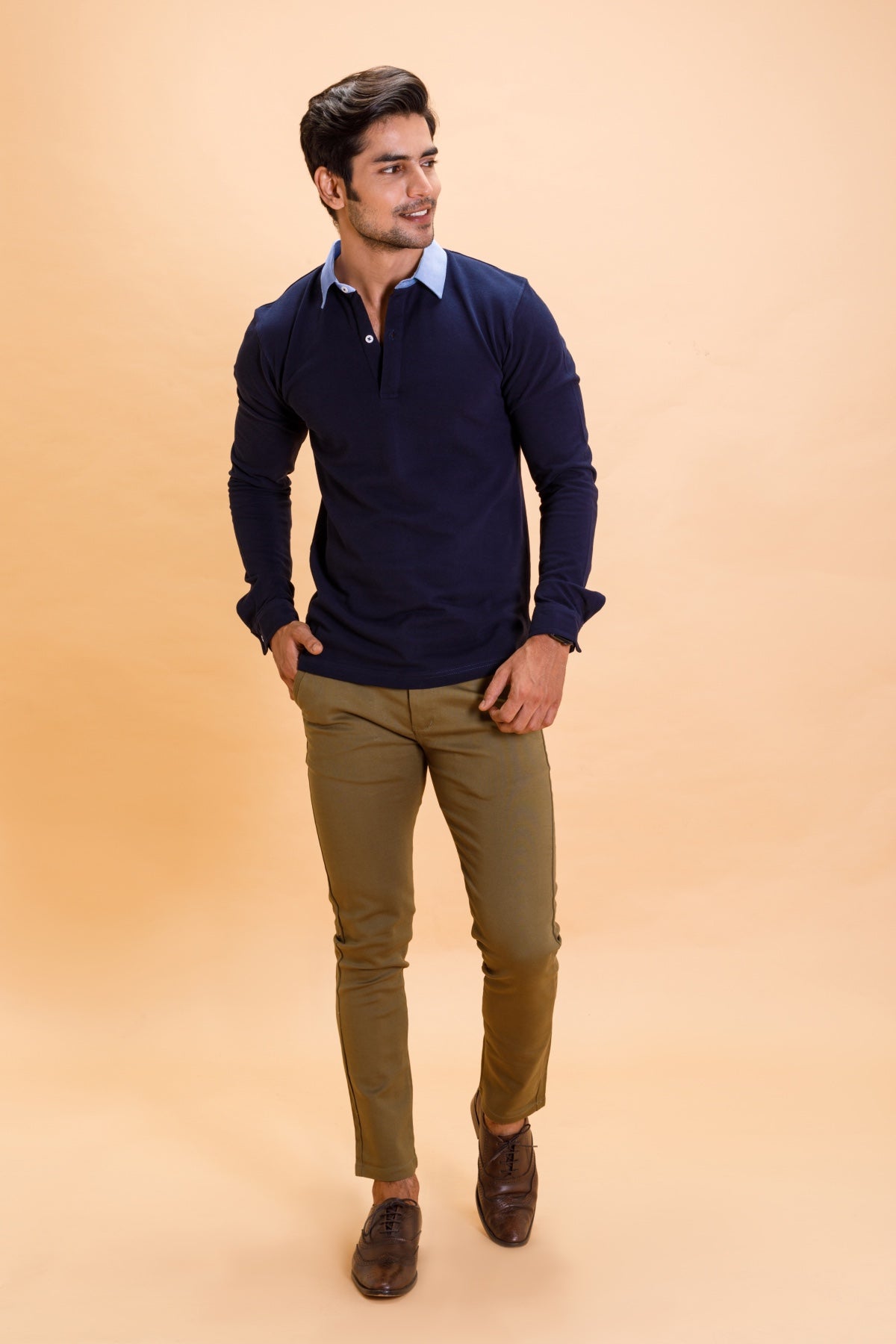 Navy Cotton Polo Shirt Collar Full Sleeve