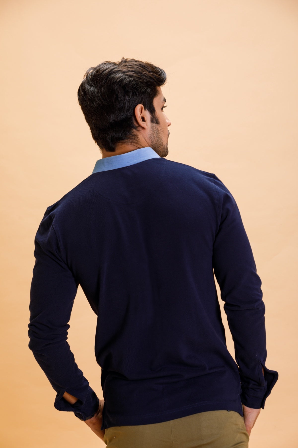 Navy Cotton Polo Shirt Collar Full Sleeve