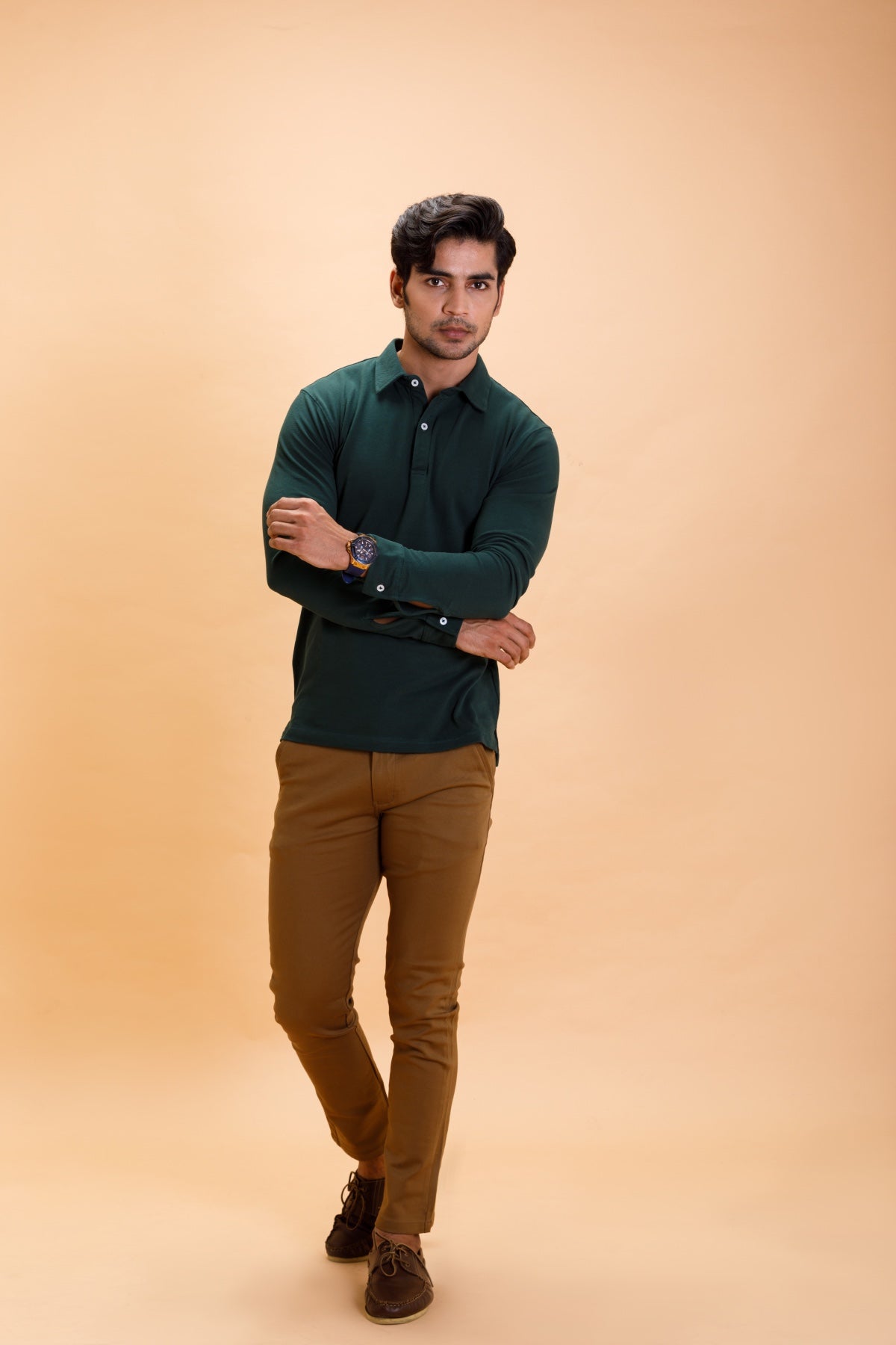 Green Cotton Polo Shirt Full Sleeve