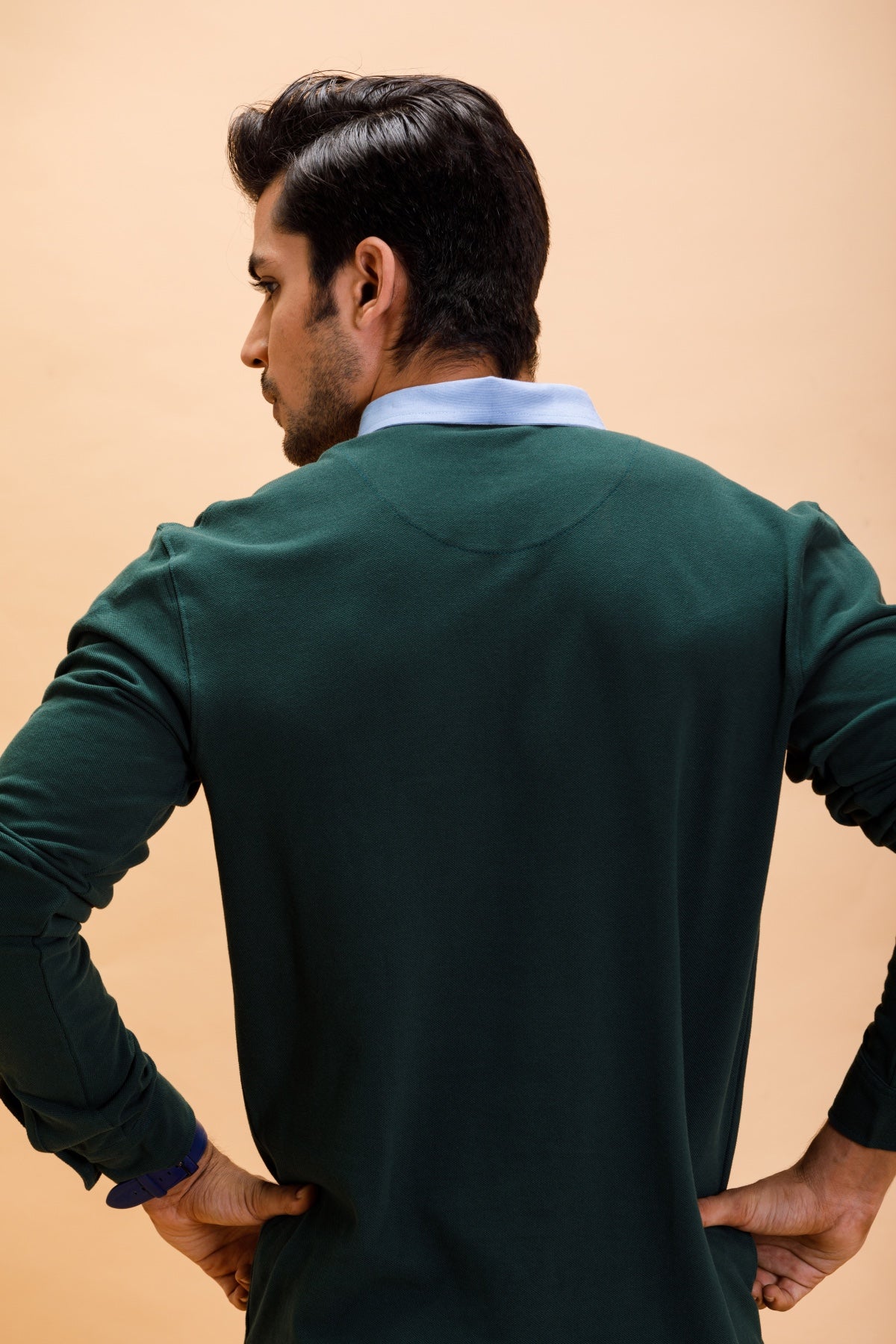 Green Cotton Polo Shirt Collar Full Sleeve