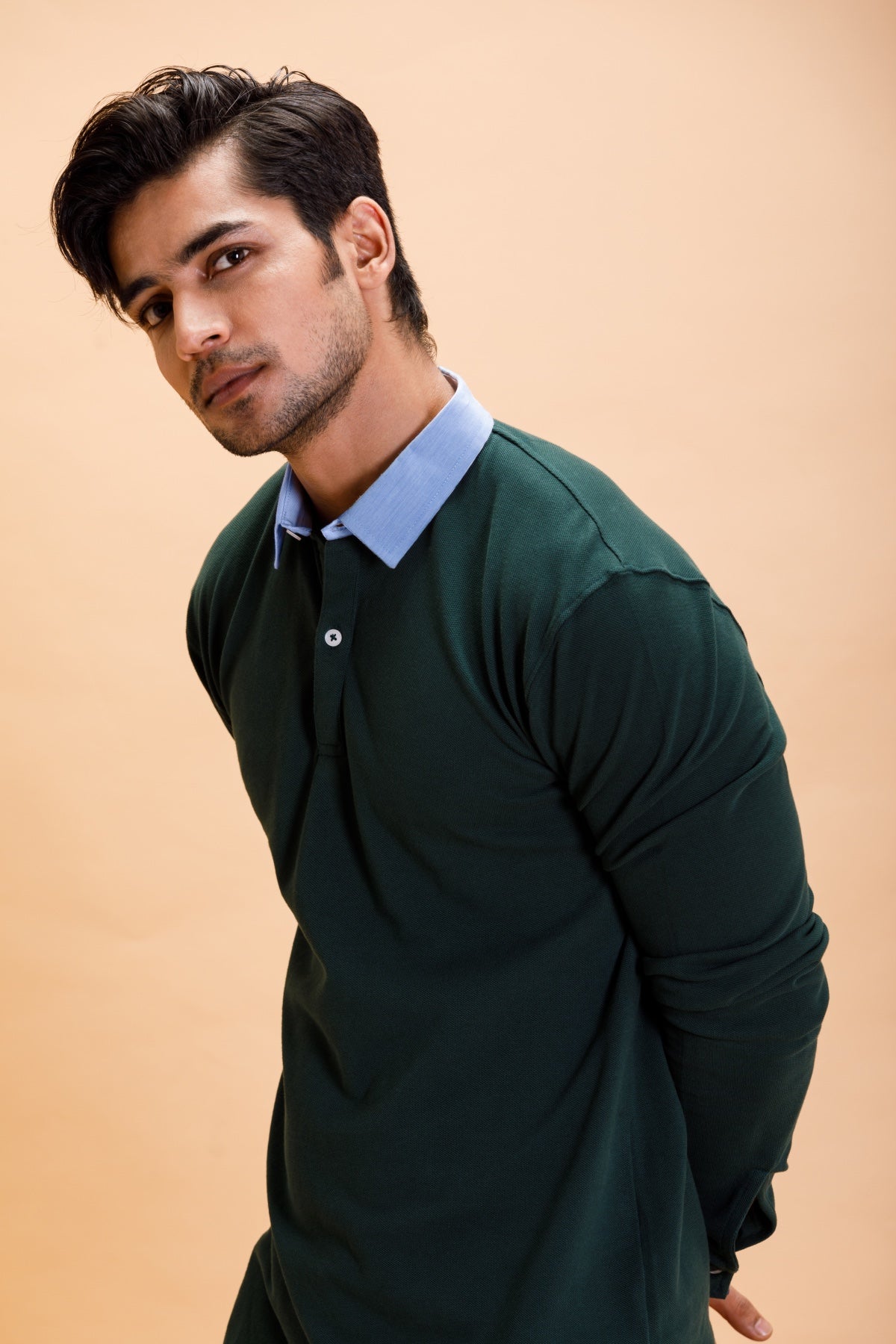 Green Cotton Polo Shirt Collar Full Sleeve