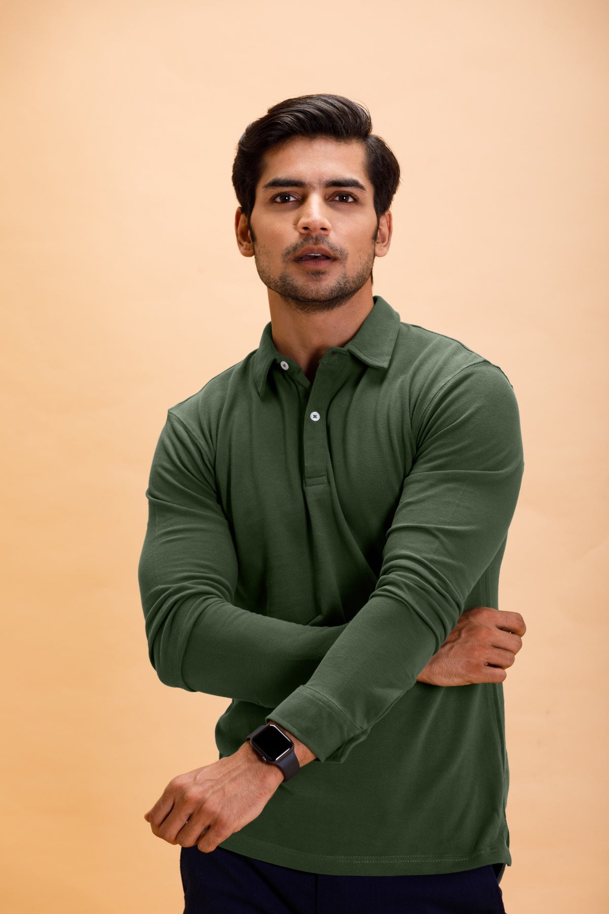 Olive Cotton Polo Shirt Full Sleeve