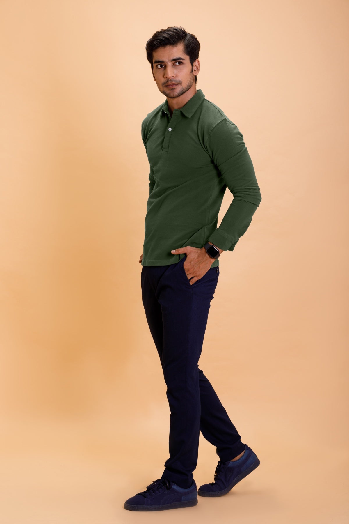 Olive Cotton Polo Shirt Full Sleeve