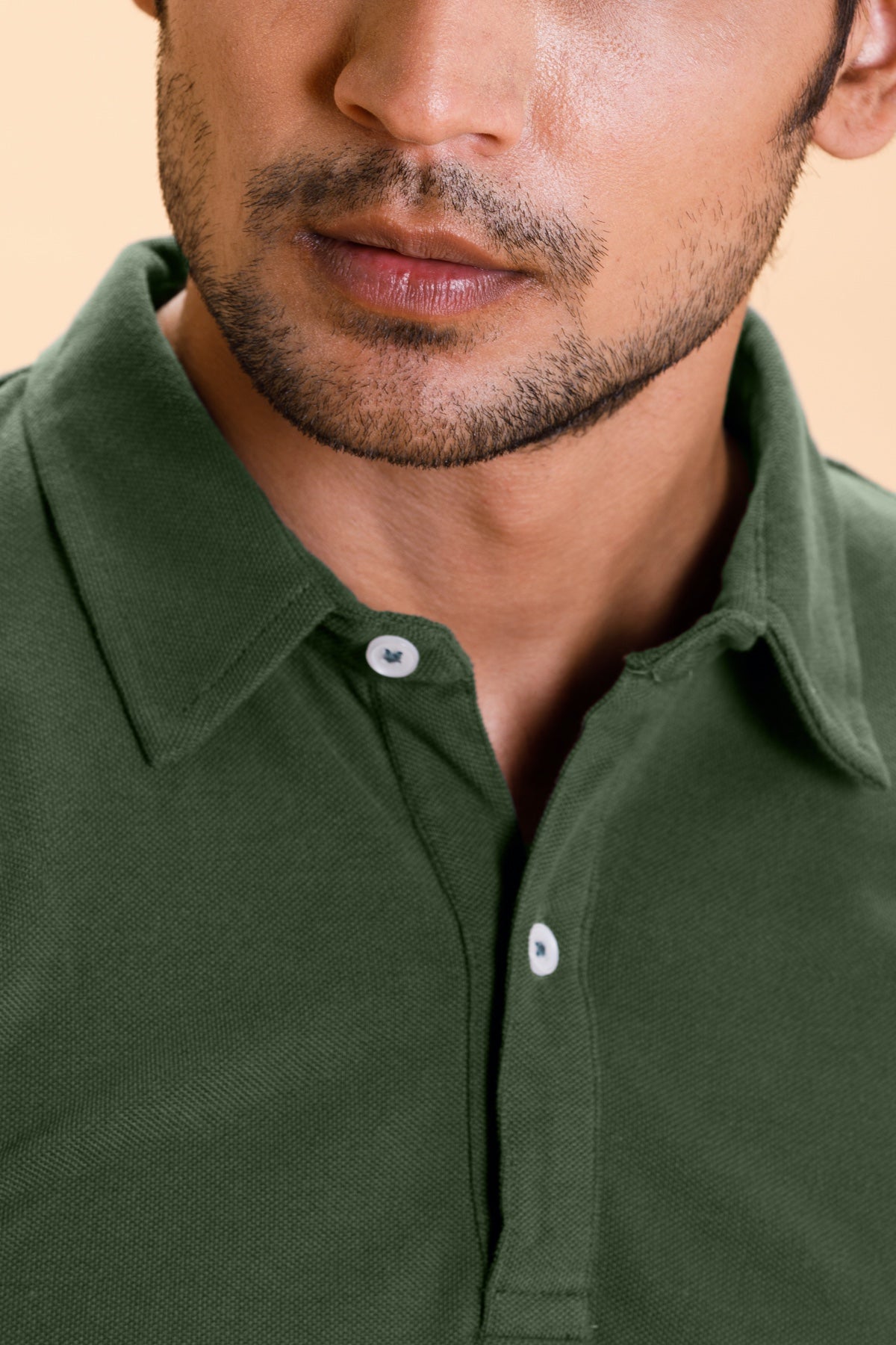 Olive Cotton Polo Shirt Full Sleeve