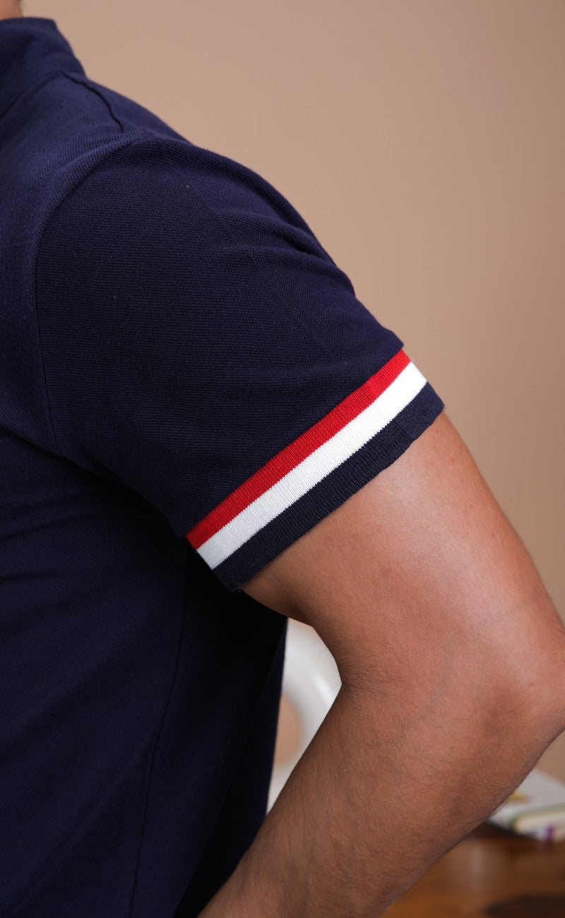 Navy Stand Up Collar Cotton Polo Shirt