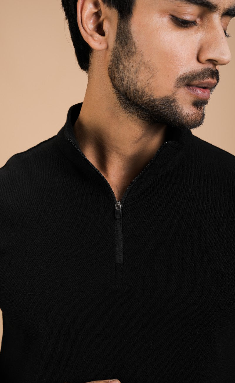 Black Stand Up Collar Cotton Polo Shirt