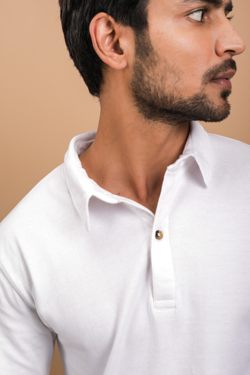 White Cotton Polo Shirt Full Sleeve
