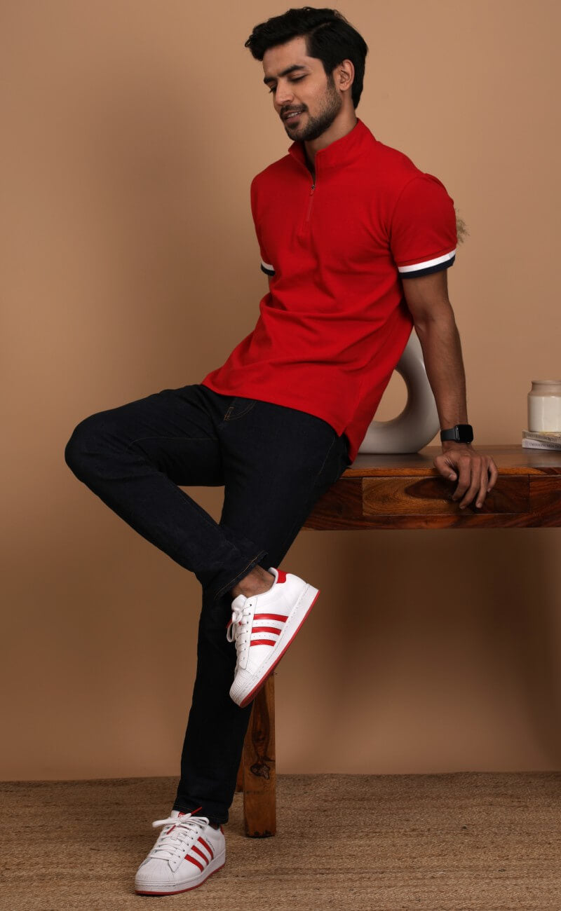 Red Stand Up Collar Cotton Polo Shirt