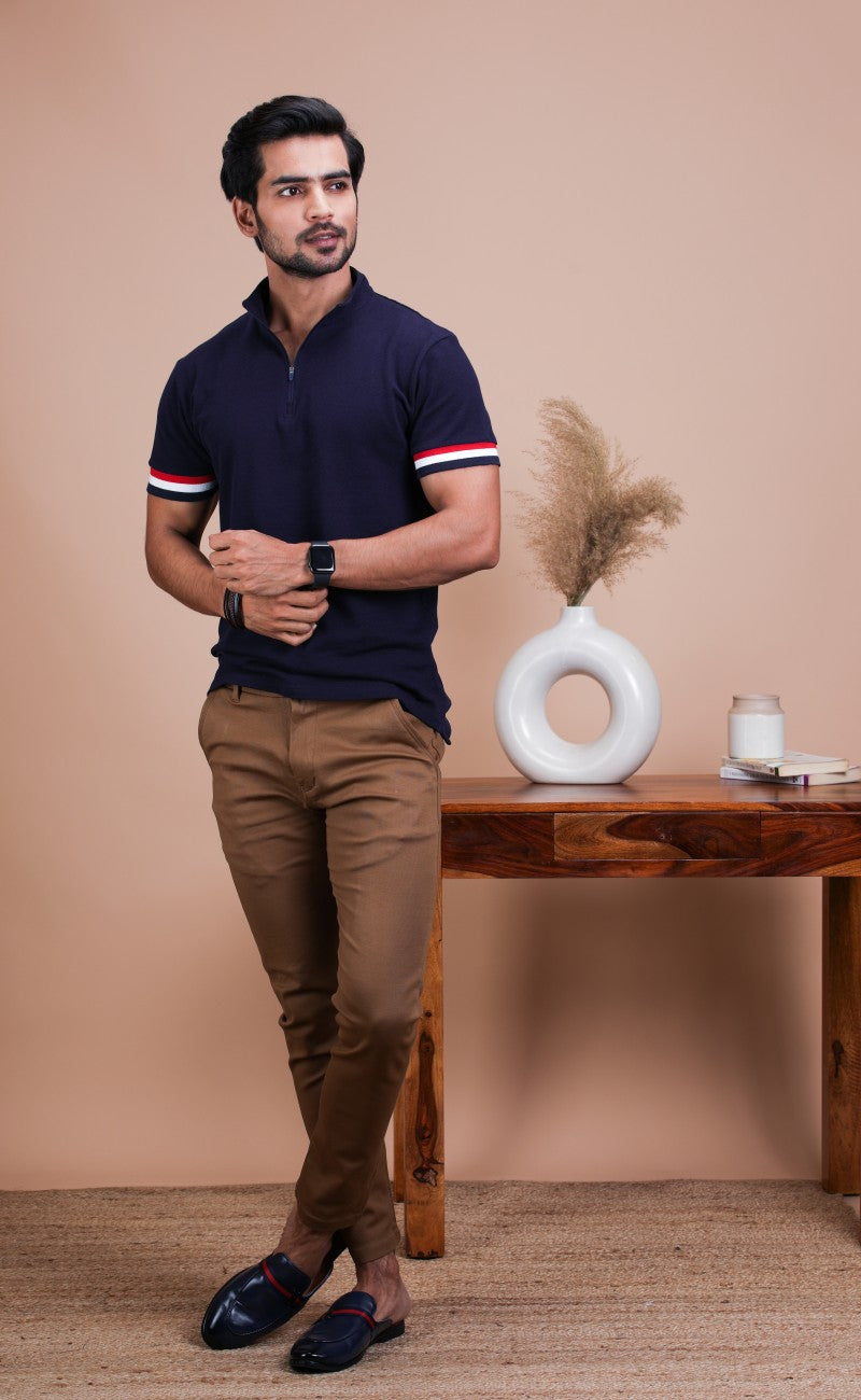 Navy Stand Up Collar Cotton Polo Shirt