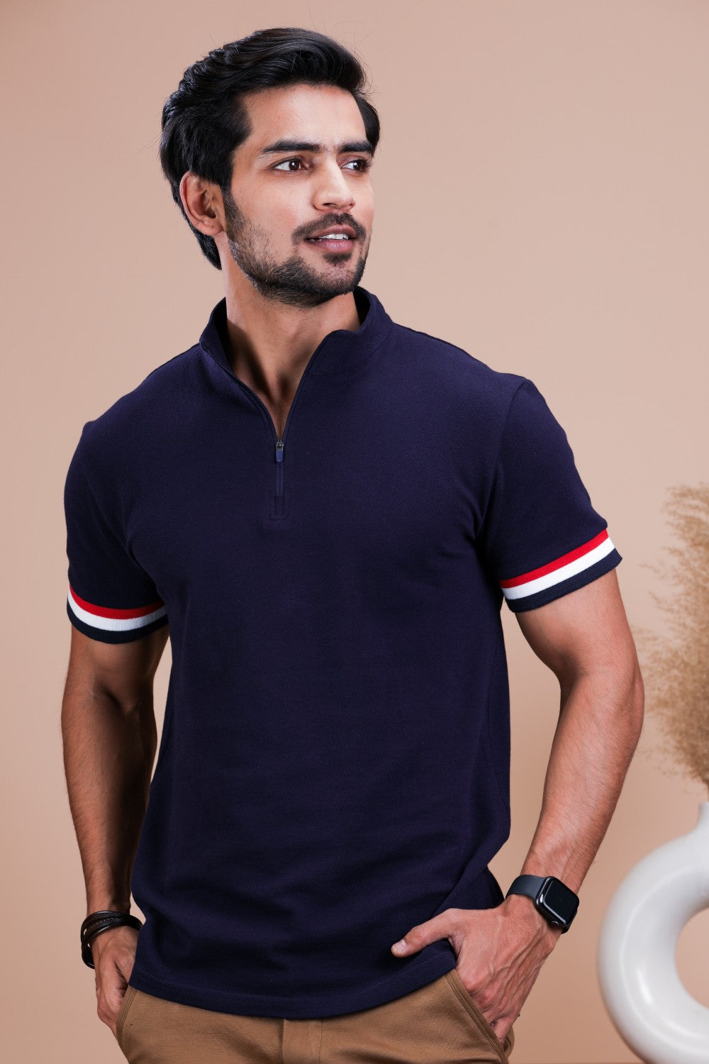 Navy Stand Up Collar Cotton Polo Shirt