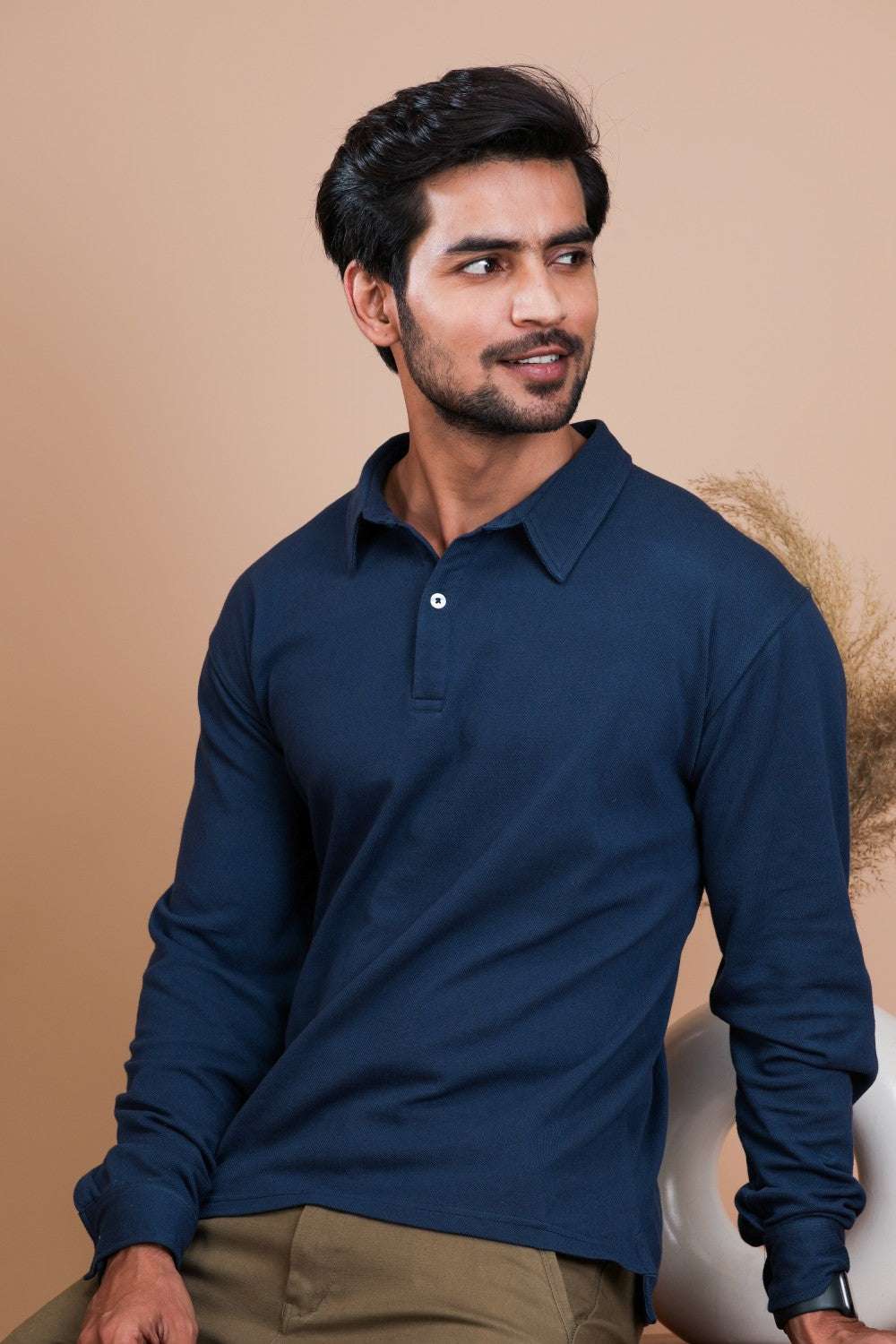 Cobalt Blue Cotton Polo Shirt Full Sleeve