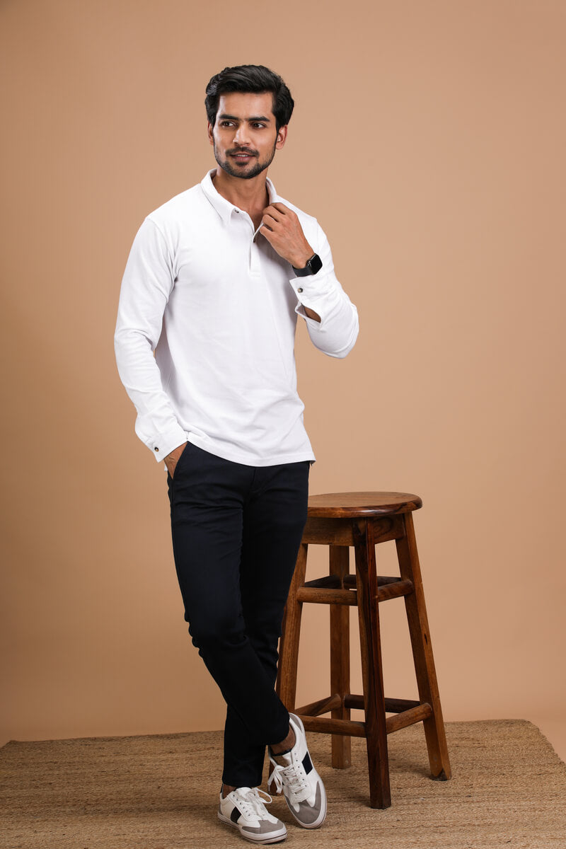 White Cotton Polo Shirt Full Sleeve
