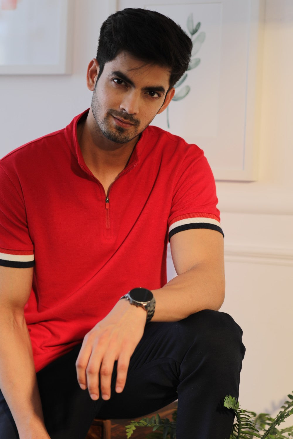 Red Stand Up Collar Cotton Polo Shirt