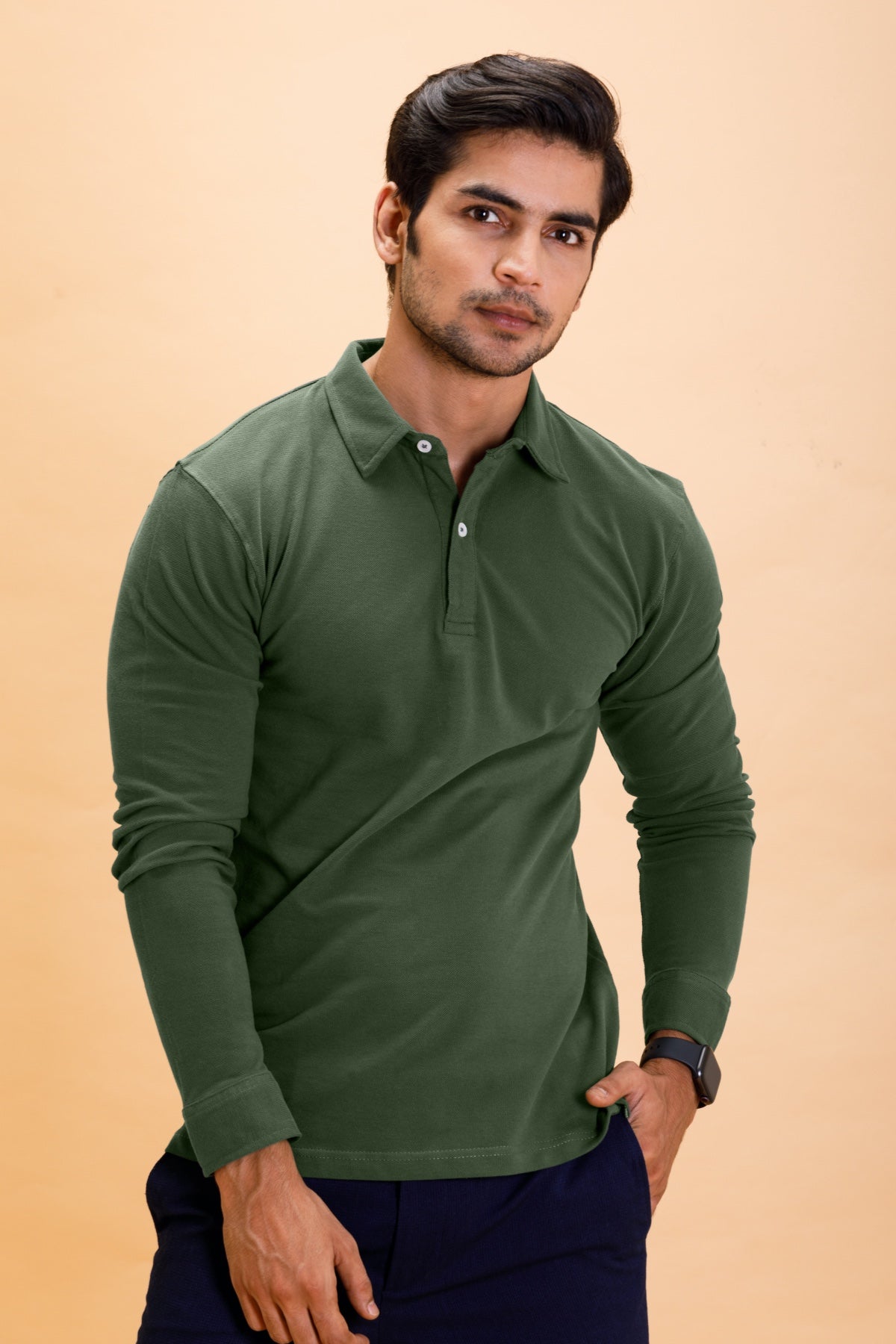 Olive Cotton Polo Shirt Full Sleeve
