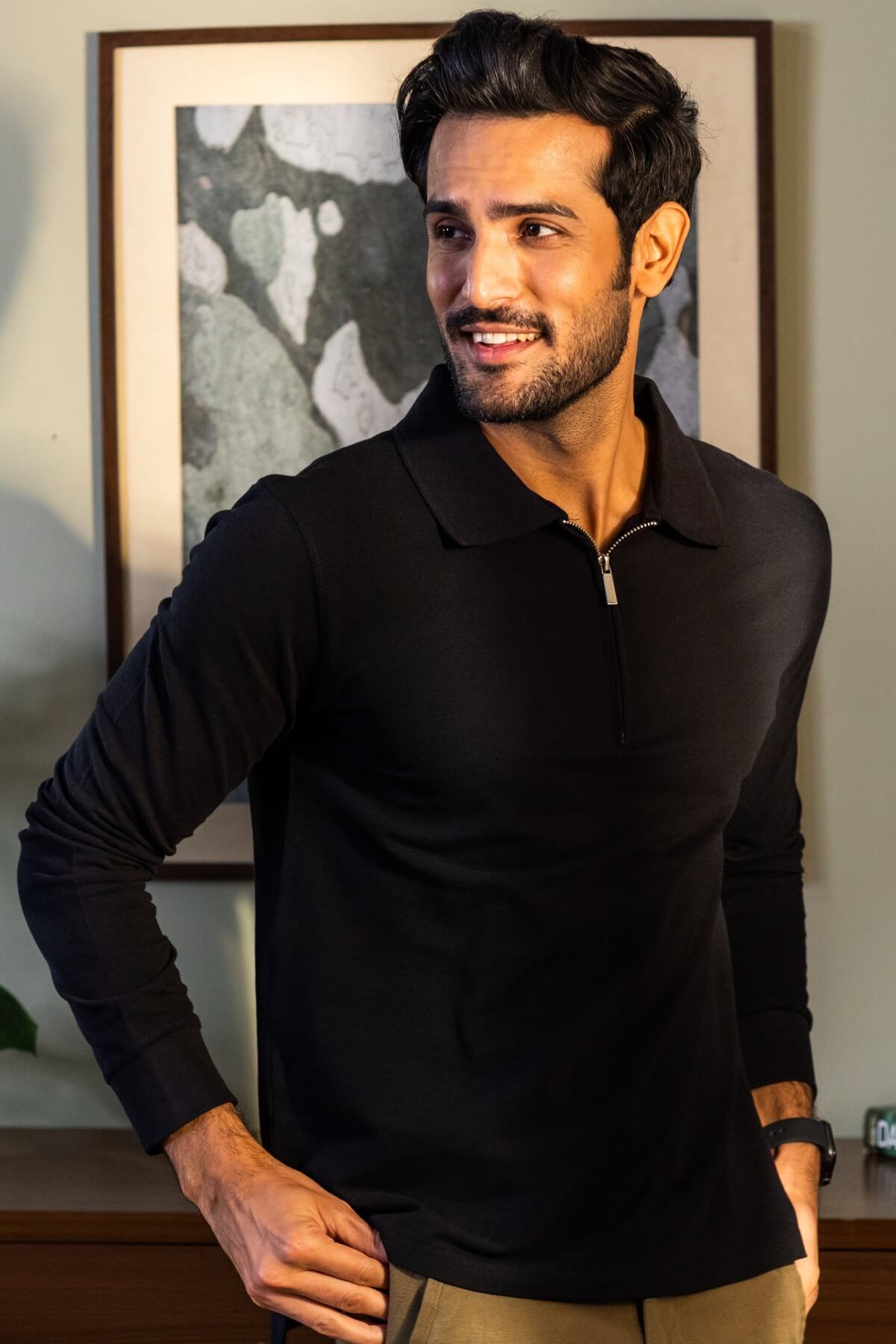 Luxury Black Cotton Zipper Polo Shirt Full Sleeves